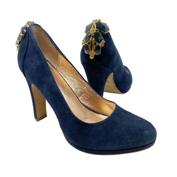 Anthro Miss Albright Navy Blue Suede Almond Toe Pumps Size 8.5 Rhinestone Accent - Picture 1 of 9